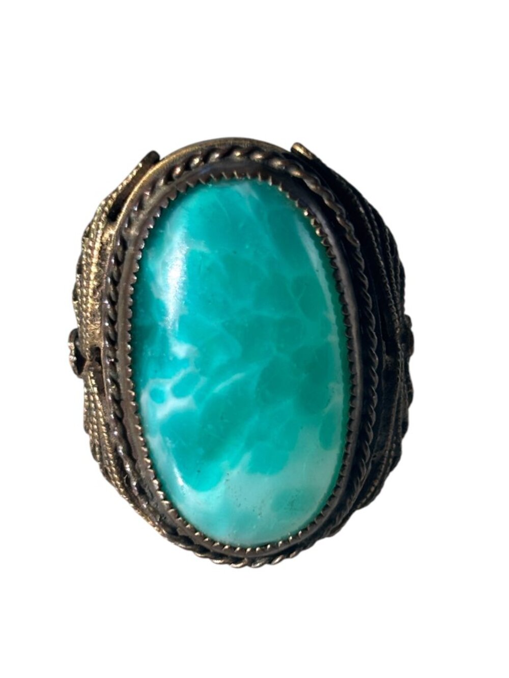Large Vintage Filigree Bronze and Aqua Peking Glass Statement Ring‎